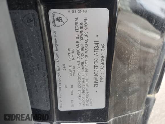 2019 Lamborghini Huracan с VIN ZHWUC1ZF0KLA11341, выставлен на аукционе Copart как лот 54303435 с пробегом 9 923 миль миль и Списание • Salvage title. История ставок и продаж доступна на DreamBid. Изображение 14.