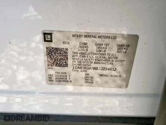 2018 Chevrolet Traverse LT Cloth z VIN 1GNERGKW8JJ224612, wystawiony jako Copart lot #80110085 z przebiegiem Nie podano mil oraz Szkoda całkowita • Salvage title. Historia ofert i sprzedaży dostępna na DreamBid. Obrazek 14.