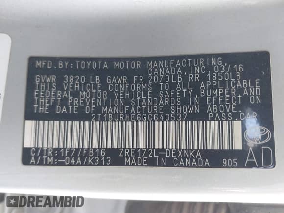 2016 Toyota Corolla L with VIN 2T1BURHE6GC640537, listed as a IAAI auction lot 43052852 with 118,993 mi miles and . Bid and sale history available at DreamBid. Image 9.