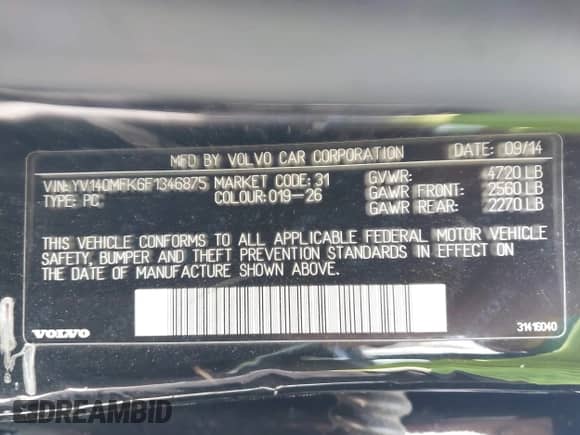 2015 Volvo S60 T5 Drive-E Premier with VIN YV140MFK6F1346875, listed as a IAAI auction lot 42004365 with 98,574 mi miles and . Bid and sale history available at DreamBid. Image 9.