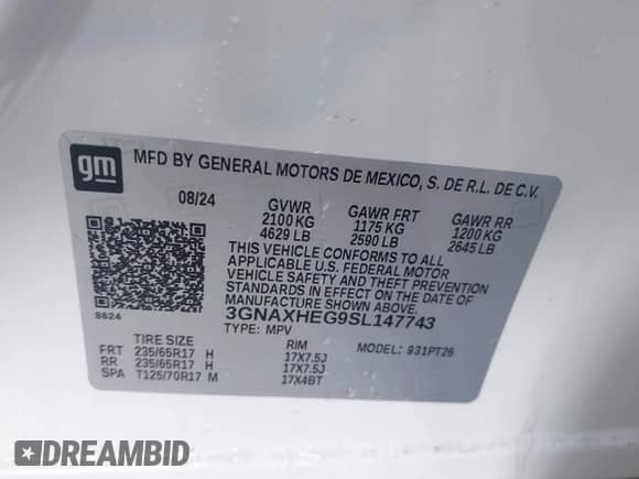 2025 Chevrolet Equinox FWD LT с VIN 3GNAXHEG9SL147743, выставлен на аукционе IAAI как лот 42981961 с пробегом 12 507 миль миль и . История ставок и продаж доступна на DreamBid. Изображение 9.