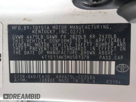 2021 Toyota Camry SE z VIN 4T1S11AK5MU561378, wystawiony jako Copart lot #51075785 z przebiegiem 80 781 mil mil oraz Szkoda całkowita • Salvage title. Historia ofert i sprzedaży dostępna na DreamBid. Obrazek 14.