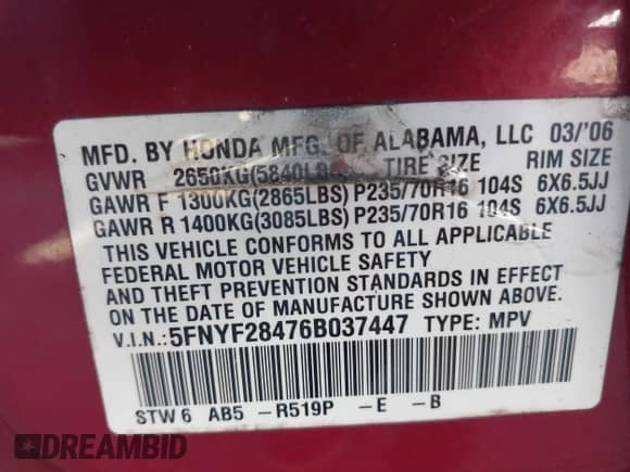 2006 Honda Pilot EX with VIN 5FNYF28476B037447, listed as a IAAI auction lot 43395591 with 165,099 mi miles and . Bid and sale history available at DreamBid. Image 9.