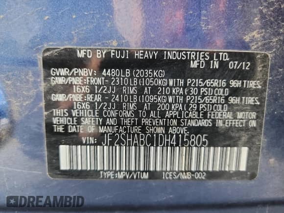 2013 Subaru Forester X z VIN JF2SHABC1DH415805, wystawiony jako Copart lot #81409345 z przebiegiem 118 654 mil mil oraz Szkoda całkowita • Salvage title. Historia ofert i sprzedaży dostępna na DreamBid. Obrazek 14.