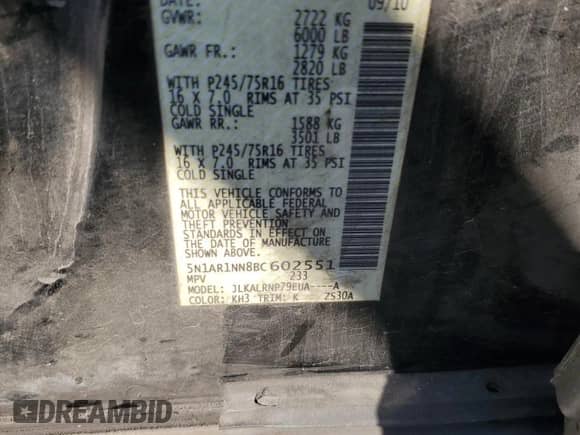 2011 Nissan Pathfinder LE with VIN 5N1AR1NN8BC602551, listed as a Copart auction lot 46647115 with Not provided miles and Salvage title. Bid and sale history available at DreamBid. Image 12.