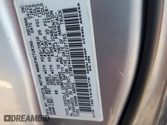 2001 Toyota Tundra SR5 with VIN 5TBBT44151S197765, listed as a Copart auction lot 87004715 with 266,710 mi miles and Clean title. Bid and sale history available at DreamBid. Image 12.