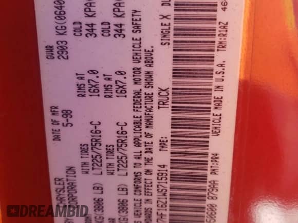 1998 Dodge 1500 z VIN 1B7HF16Z1WS715914, wystawiony jako Copart lot #64417274 z przebiegiem 109 165 mil mil oraz Szkoda całkowita • Salvage title. Historia ofert i sprzedaży dostępna na DreamBid. Obrazek 13.