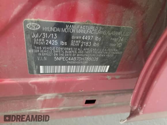 2013 Hyundai Sonata SE с VIN 5NPEC4AB7DH788028, выставлен на аукционе Copart как лот 85801415 с пробегом 134 109 миль миль и Списание • Salvage title. История ставок и продаж доступна на DreamBid. Изображение 12.