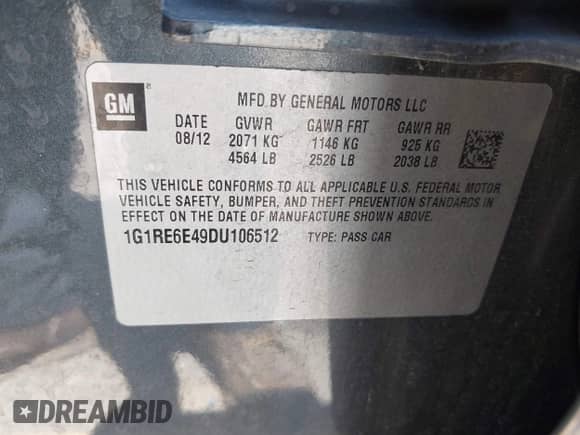 2013 Chevrolet Volt with VIN 1G1RE6E49DU106512, listed as a IAAI auction lot 42920120 with 121,700 mi miles and . Bid and sale history available at DreamBid. Image 9.