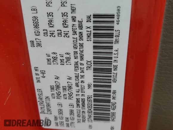 2003 Dodge 1500 ST с VIN 1D7HA18D43S318781, выставлен на аукционе Copart как лот 84990315 с пробегом 239 830 миль миль и Списание • Salvage title. История ставок и продаж доступна на DreamBid. Изображение 12.
