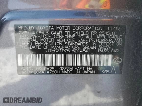 2018 Lexus IS 350 с VIN JTHCZ1D25J5014841, выставлен на аукционе Copart как лот 44986745 с пробегом 69 035 миль миль и Списание • Salvage title. История ставок и продаж доступна на DreamBid. Изображение 14.