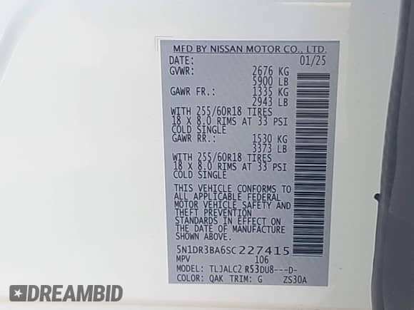 2025 Nissan Pathfinder SV с VIN 5N1DR3BA6SC227415, выставлен на аукционе IAAI как лот 41859448 с пробегом 996 миль миль и . История ставок и продаж доступна на DreamBid. Изображение 9.