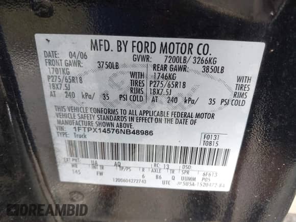 2006 Ford F-150 XLT with VIN 1FTPX14576NB48986, listed as a IAAI auction lot 43389844 with 220,905 mi miles and . Bid and sale history available at DreamBid. Image 9.