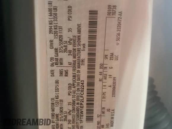 2020 Ford F-150 XL with VIN 1FTEW1EP2LFC02243, listed as a Copart auction lot 81079705 with 59,249 mi miles and Salvage title. Bid and sale history available at DreamBid. Image 12.