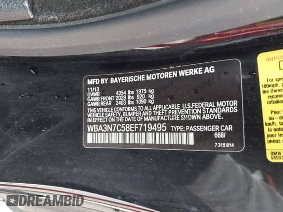 2014 BMW 4 Series 428i with VIN WBA3N7C58EF719495, listed as a IAAI auction lot 42490625 with 179,410 mi miles and . Bid and sale history available at DreamBid. Image 9.