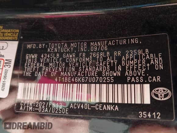 2007 Toyota Camry LE with VIN 4T1BE46K67U070255, listed as a IAAI auction lot 43507972 with 140,263 mi miles and . Bid and sale history available at DreamBid. Image 9.
