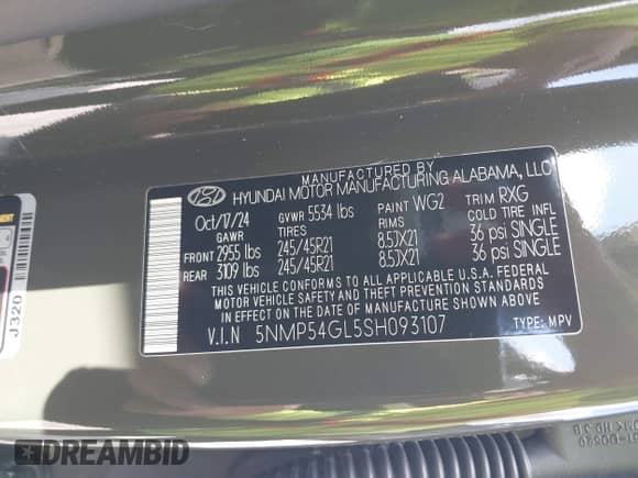 2025 Hyundai Santa Fe Calligraphy z VIN 5NMP54GL5SH093107, wystawiony jako IAAI lot #42263517 z przebiegiem 2 158 mil mil oraz . Historia ofert i sprzedaży dostępna na DreamBid. Obrazek 9.