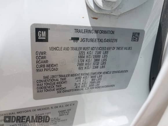 2020 GMC Sierra 1500 AT4 with VIN 3GTU9EETXLG450276, listed as a IAAI auction lot 42049362 with Not provided miles and . Bid and sale history available at DreamBid. Image 9.