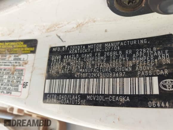2005 Toyota Camry LE with VIN 4T1BF32K45U083497, listed as a IAAI auction lot 42763595 with 178,347 mi miles and . Bid and sale history available at DreamBid. Image 9.