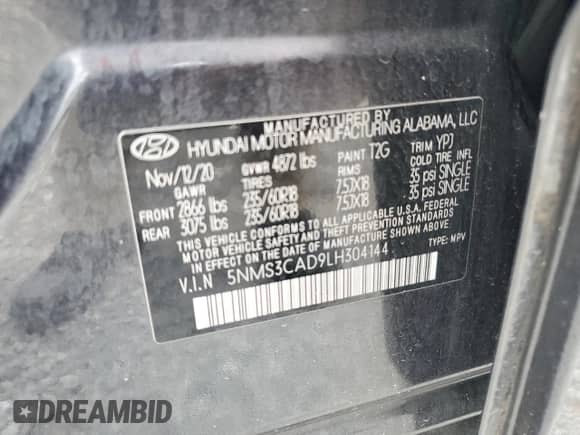 2020 Hyundai Santa Fe SEL с VIN 5NMS3CAD9LH304144, выставлен на аукционе Copart как лот 84279075 с пробегом 103 034 миль миль и Списание • Salvage title. История ставок и продаж доступна на DreamBid. Изображение 13.