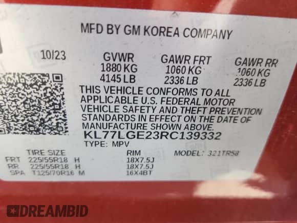 2024 Chevrolet Trax 1RS с VIN KL77LGE23RC139332, выставлен на аукционе Copart как лот 80938845 с пробегом 29 999 миль миль и Списание • Salvage title. История ставок и продаж доступна на DreamBid. Изображение 13.