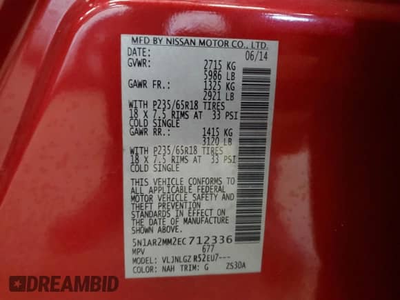 2014 Nissan Pathfinder Platinum with VIN 5N1AR2MM2EC712336, listed as a Copart auction lot 69069645 with 170,811 mi miles and Clean title. Bid and sale history available at DreamBid. Image 13.