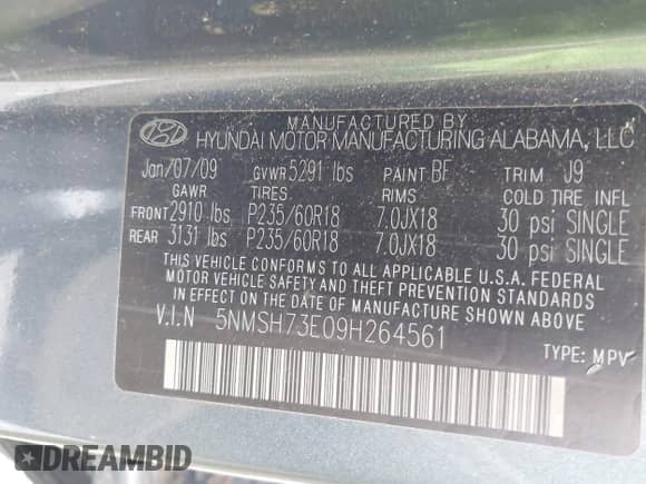 2009 Hyundai Santa Fe SE z VIN 5NMSH73E09H264561, wystawiony jako IAAI lot #42649527 z przebiegiem 148 267 mil mil oraz . Historia ofert i sprzedaży dostępna na DreamBid. Obrazek 9.