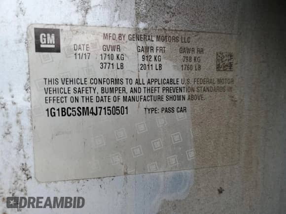 2018 Chevrolet Cruze LS with VIN 1G1BC5SM4J7150501, listed as a Copart auction lot 62077575 with 110,470 mi miles and Salvage title. Bid and sale history available at DreamBid. Image 12.