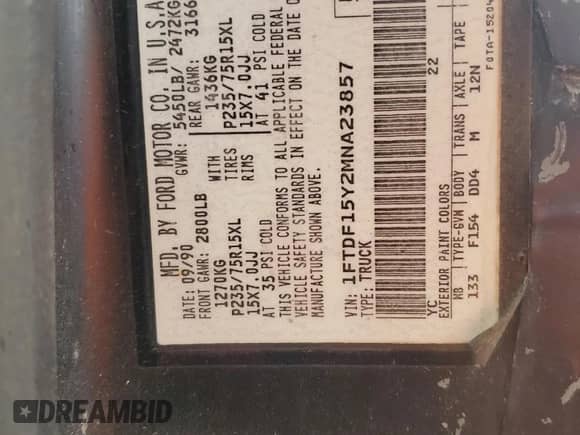 1991 Ford F-150 with VIN 1FTDF15Y2MNA23857, listed as a Copart auction lot 86339744 with 97,118 mi miles and Salvage title. Bid and sale history available at DreamBid. Image 12.