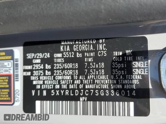 2025 Kia Sorento S с VIN 5XYRLDJC7SG336014, выставлен на аукционе Copart как лот 65552735 с пробегом 7 167 миль миль и Списание • Salvage title. История ставок и продаж доступна на DreamBid. Изображение 13.