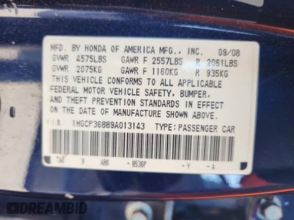 2009 Honda Accord EX-L z VIN 1HGCP36889A013143, wystawiony jako Copart lot #80893075 z przebiegiem 262 791 mil mil oraz Szkoda całkowita • Salvage title. Historia ofert i sprzedaży dostępna na DreamBid. Obrazek 12.