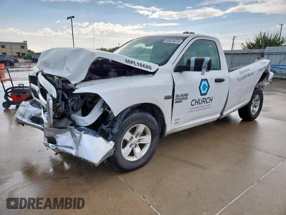 2019 Ram 1500 Tradesman with VIN 3C6JR6DT0KG560950, listed as a Copart auction lot 63824615 with 107,474 mi miles and Salvage title. Bid and sale history available at DreamBid. Image 1.