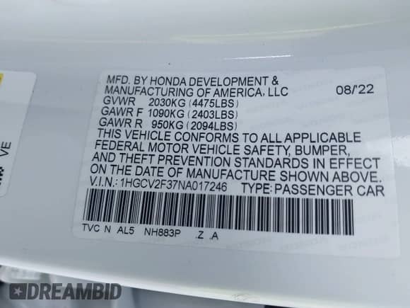 2022 Honda Accord Sport with VIN 1HGCV2F37NA017246, listed as a IAAI auction lot 41828863 with 36,224 mi miles and . Bid and sale history available at DreamBid. Image 9.