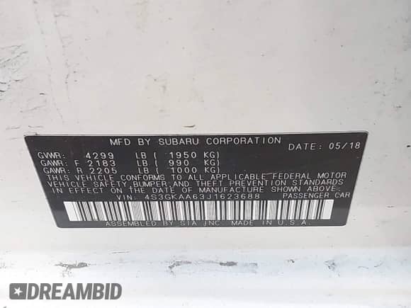 2018 Subaru Impreza with VIN 4S3GKAA63J1623688, listed as a IAAI auction lot 42289401 with 57,873 mi miles and . Bid and sale history available at DreamBid. Image 9.