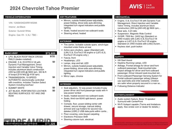 2024 Chevrolet Tahoe Premier с VIN 1GNSKSKDXRR185088, выставлен на аукционе Copart как лот 86623725 с пробегом 34 879 миль миль и Чистый • Clean title. История ставок и продаж доступна на DreamBid. Изображение 13.