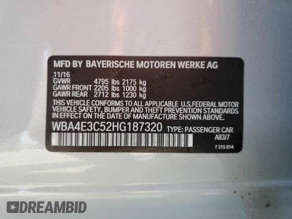 2017 BMW 4 Series 440i with VIN WBA4E3C52HG187320, listed as a Copart auction lot 68322725 with 103,034 mi miles and Salvage title. Bid and sale history available at DreamBid. Image 12.