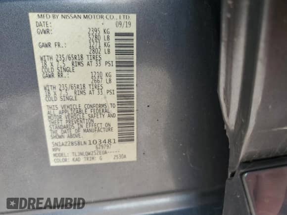 2020 Nissan Murano SV с VIN 5N1AZ2BS8LN103481, выставлен на аукционе Copart как лот 69290825 с пробегом 81 035 миль миль и Списание • Salvage title. История ставок и продаж доступна на DreamBid. Изображение 13.