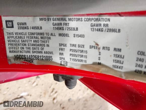 2006 Chevrolet Colorado Work Truck with VIN 1GCCS148268121085, listed as a IAAI auction lot 41715868 with 128,750 mi miles and . Bid and sale history available at DreamBid. Image 9.