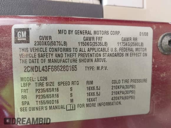 2008 Chevrolet Equinox LT с VIN 2CNDL43F686280165, выставлен на аукционе IAAI как лот 42921253 с пробегом 182 971 миль миль и . История ставок и продаж доступна на DreamBid. Изображение 9.