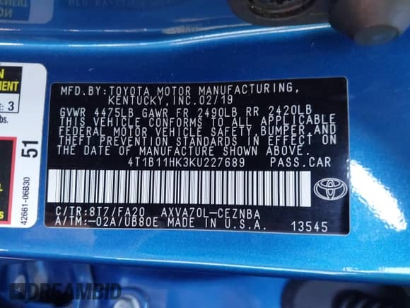 2019 Toyota Camry SE z VIN 4T1B11HK3KU227689, wystawiony jako IAAI lot #43454707 z przebiegiem 48 165 mil mil oraz . Historia ofert i sprzedaży dostępna na DreamBid. Obrazek 9.