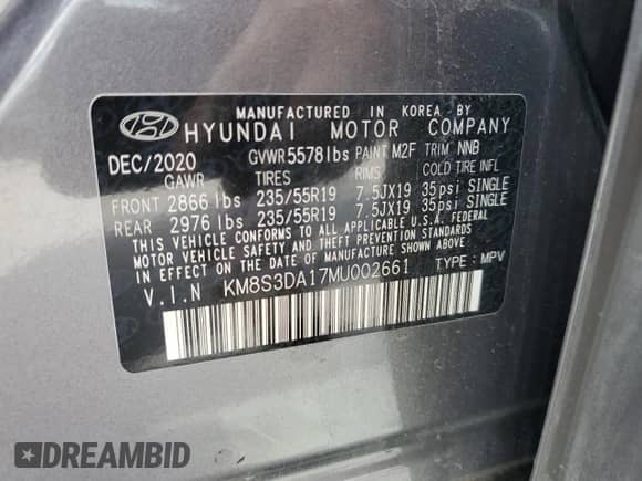 2021 Hyundai Santa Fe SEL Premium z VIN KM8S3DA17MU002661, wystawiony jako Copart lot #80607015 z przebiegiem 68 054 mil mil oraz Szkoda całkowita • Salvage title. Historia ofert i sprzedaży dostępna na DreamBid. Obrazek 13.