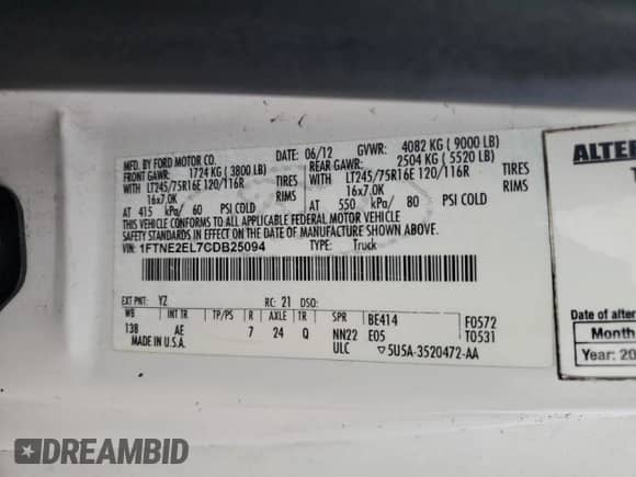 2012 Ford Econoline Cargo Recreational with VIN 1FTNE2EL7CDB25094, listed as a Copart auction lot 42137285 with 304,976 mi miles and Salvage title. Bid and sale history available at DreamBid. Image 13.