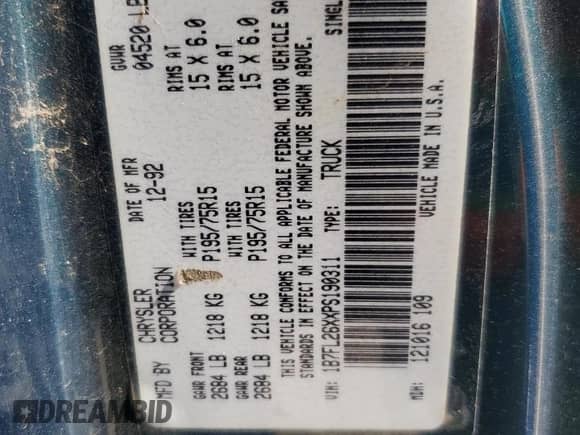 1993 Dodge Dakota S с VIN 1B7FL26XXPS190311, выставлен на аукционе Copart как лот 61267885 с пробегом 101 207 миль миль и Списание • Salvage title. История ставок и продаж доступна на DreamBid. Изображение 12.