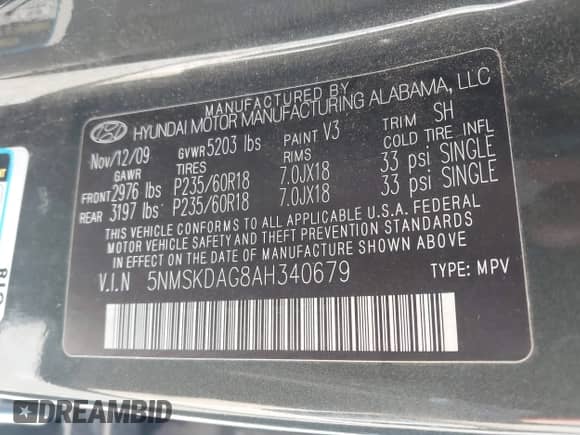 2010 Hyundai Santa Fe Limited with VIN 5NMSKDAG8AH340679, listed as a IAAI auction lot 41883491 with 239,532 mi miles and . Bid and sale history available at DreamBid. Image 9.