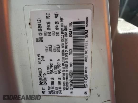 2003 Dodge 1500 ST with VIN 1D7HA16K23J602093, listed as a Copart auction lot 81409815 with 148,065 mi miles and Salvage title. Bid and sale history available at DreamBid. Image 12.