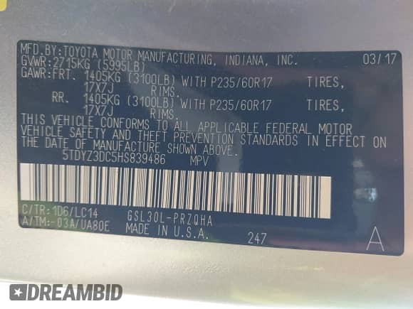 2017 Toyota Sienna XLE Auto Access Seat with VIN 5TDYZ3DC5HS839486, listed as a IAAI auction lot 43420580 with 127,615 mi miles and . Bid and sale history available at DreamBid. Image 9.