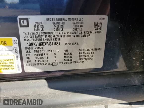 2015 Chevrolet Traverse LT z VIN 1GNKVHKDXFJ311681, wystawiony jako Copart lot #87314605 z przebiegiem 64 597 mil mil oraz Szkoda całkowita • Salvage title. Historia ofert i sprzedaży dostępna na DreamBid. Obrazek 13.