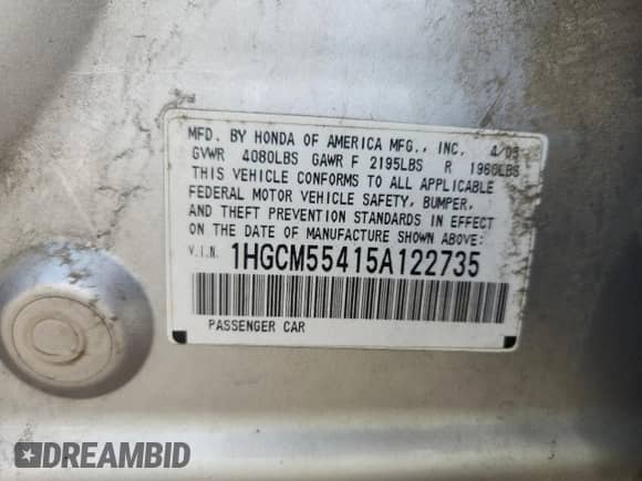 2005 Honda Accord LX с VIN 1HGCM55415A122735, выставлен на аукционе Copart как лот 66383265 с пробегом Не указан миль и На запчасти • Non repairable. История ставок и продаж доступна на DreamBid. Изображение 12.