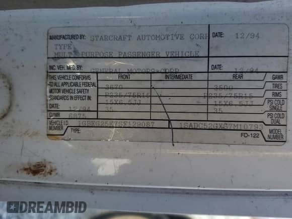 1995 Chevrolet Chevy Van с VIN 1GBEG25K7SF129087, выставлен на аукционе Copart как лот 84625695 с пробегом 170 547 миль миль и Чистый • Clean title. История ставок и продаж доступна на DreamBid. Изображение 13.