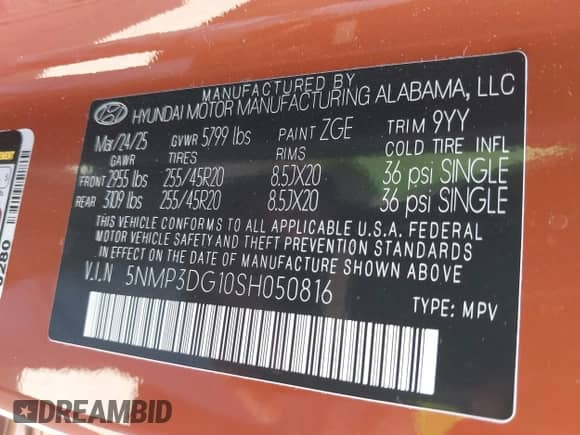2025 Hyundai Santa Fe Limited с VIN 5NMP3DG10SH050816, выставлен на аукционе IAAI как лот 42845332 с пробегом 1 250 миль миль и . История ставок и продаж доступна на DreamBid. Изображение 9.
